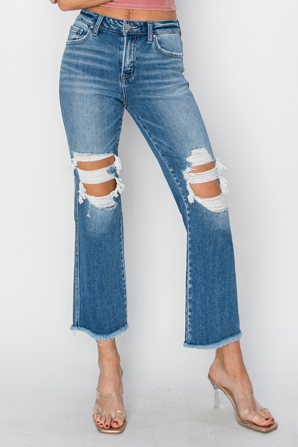 Stilla | Mellem Talje Distressed Afskåret Flare Jeans