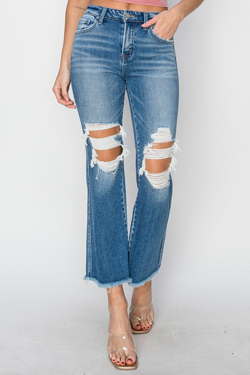 Stilla | Mellem Talje Distressed Afskåret Flare Jeans