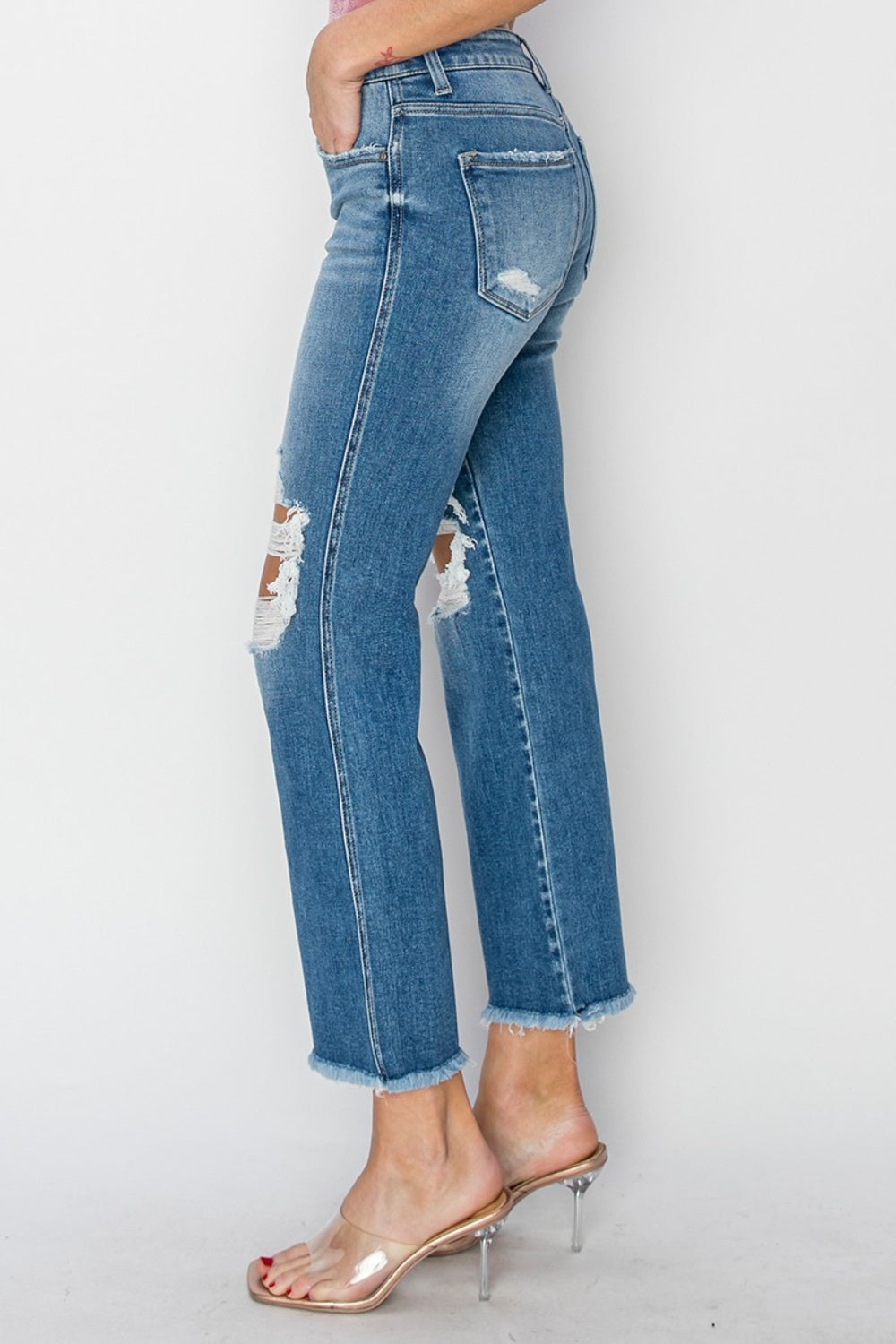 Stilla | Mellem Talje Distressed Afskåret Flare Jeans