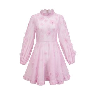 Stilla | Pink Floral Appliqué Mini Kjole Hot på udsalg
