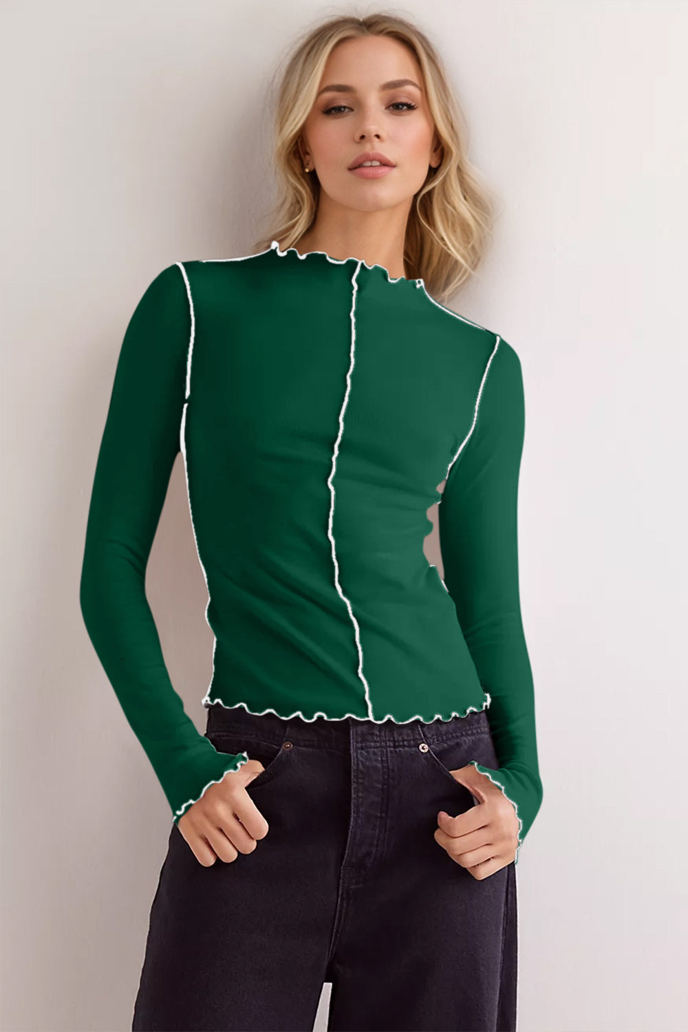 Stilla | Basic Bae Kontrastbesæt Mock Neck Langærmet T-Shirt