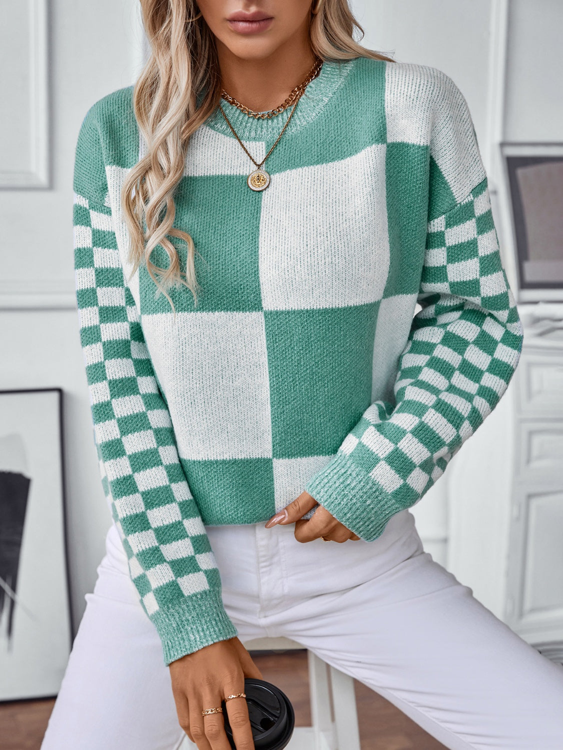 Stilla | Farveblok Rundhalset sweater med ærmer