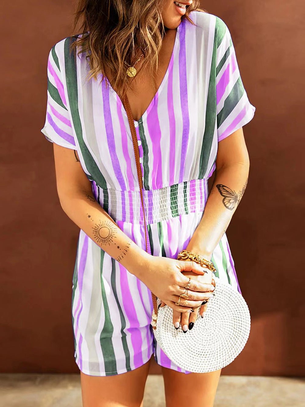 Stilla | Kvinders Jumpsuits Elastisk Talje Stribet Print V-udskæring Jumpsuit