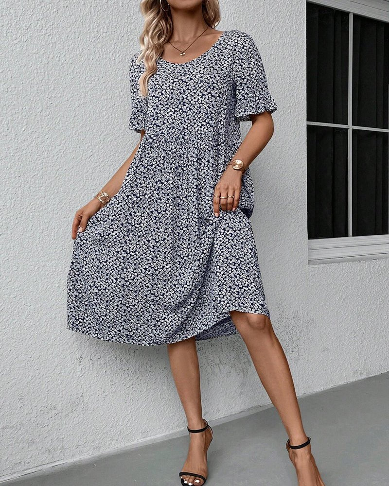 Stilla | Blomstret Elegant Kjole med Rund Hals