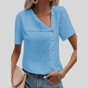 Stilla | Bluse Asymmetrisk Design V-hals Korte Ærmer Dekorative Knapper