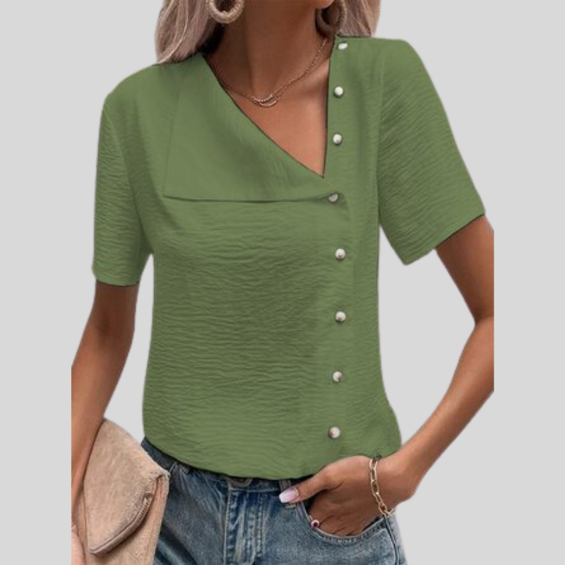 Stilla | Bluse Asymmetrisk Design V-hals Korte Ærmer Dekorative Knapper