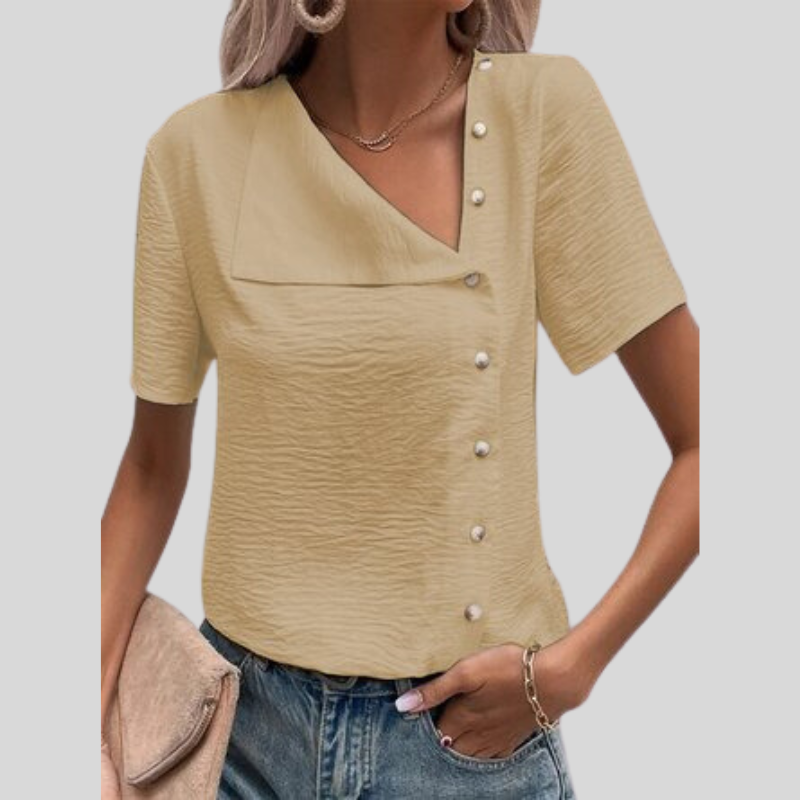 Stilla | Bluse Asymmetrisk Design V-hals Korte Ærmer Dekorative Knapper