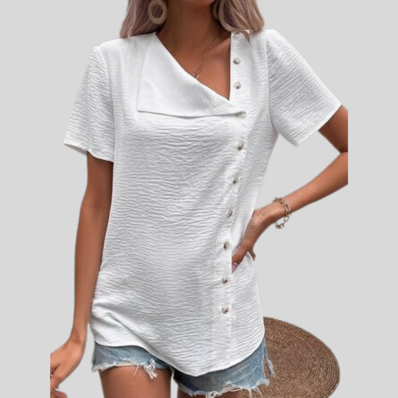 Stilla | Bluse Asymmetrisk Design V-hals Korte Ærmer Dekorative Knapper