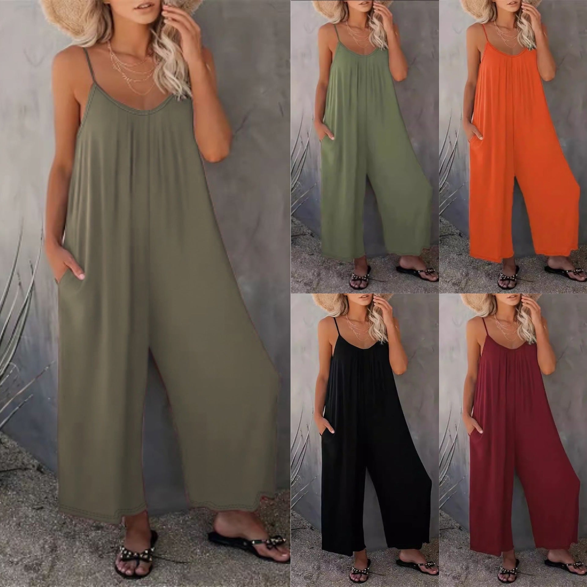 Stilla | Casual Kvinders Ensfarvet Sling Løs Bred Ben Jumpsuit Udsalg
