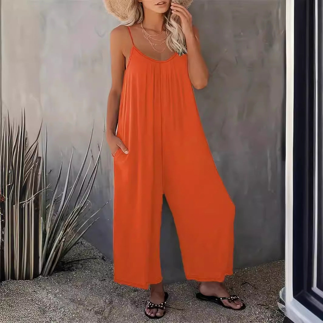 Stilla | Casual Kvinders Ensfarvet Sling Løs Bred Ben Jumpsuit Udsalg