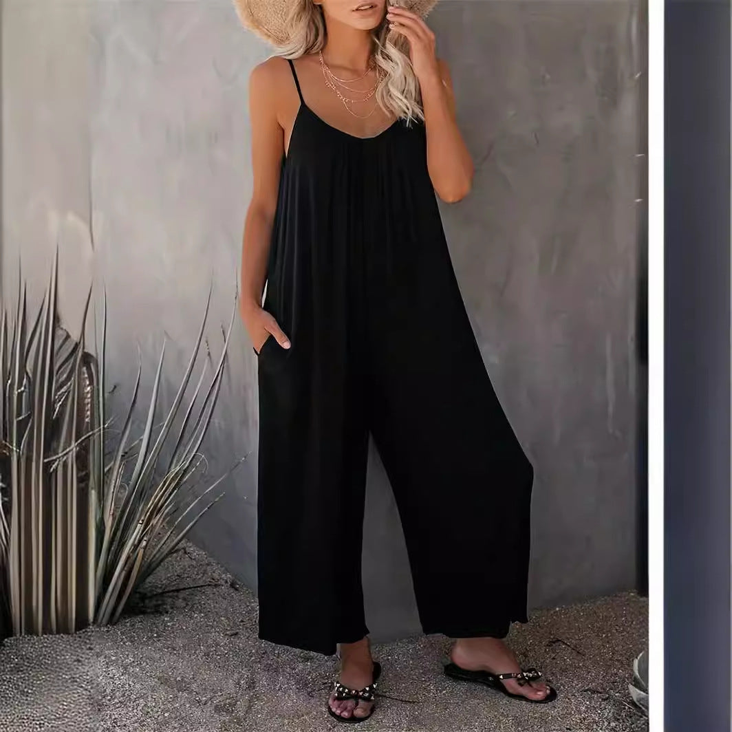 Stilla | Casual Kvinders Ensfarvet Sling Løs Bred Ben Jumpsuit Udsalg