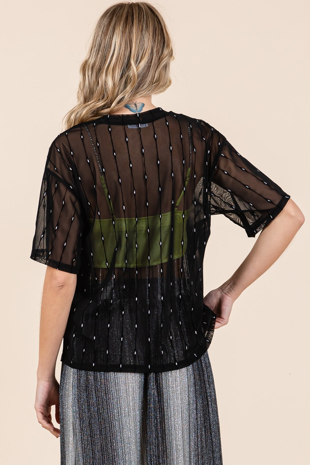 Stilla | Rund Hals Drop Shoulder Mesh Glitter Top