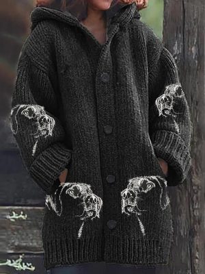 Stilla | Broderet Hund Print Tykk Knap Lange Ærmer Hættetrøje Cardigan
