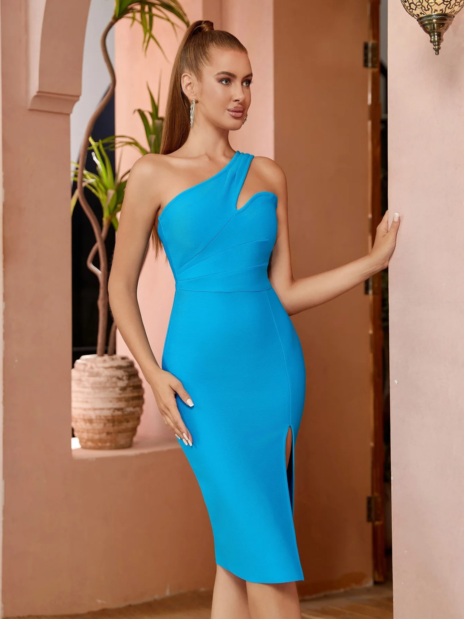 Blå en skulder bodycon bandage-kjole