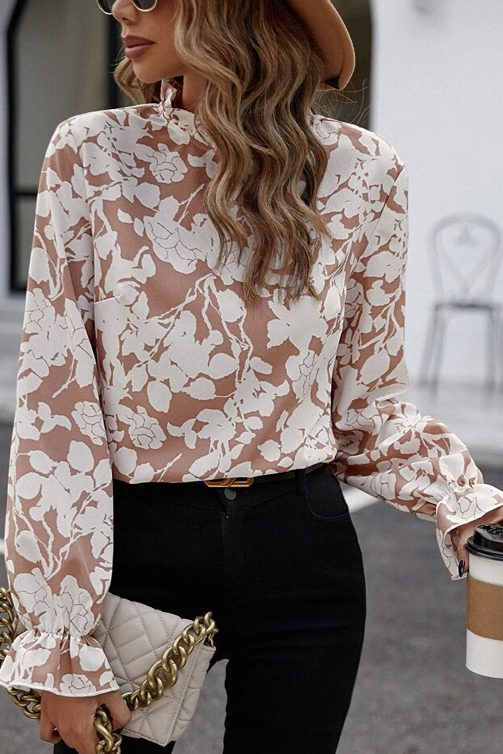 Stilla | Floral Tryk Mock Neck Ruffle Ærme Bluse