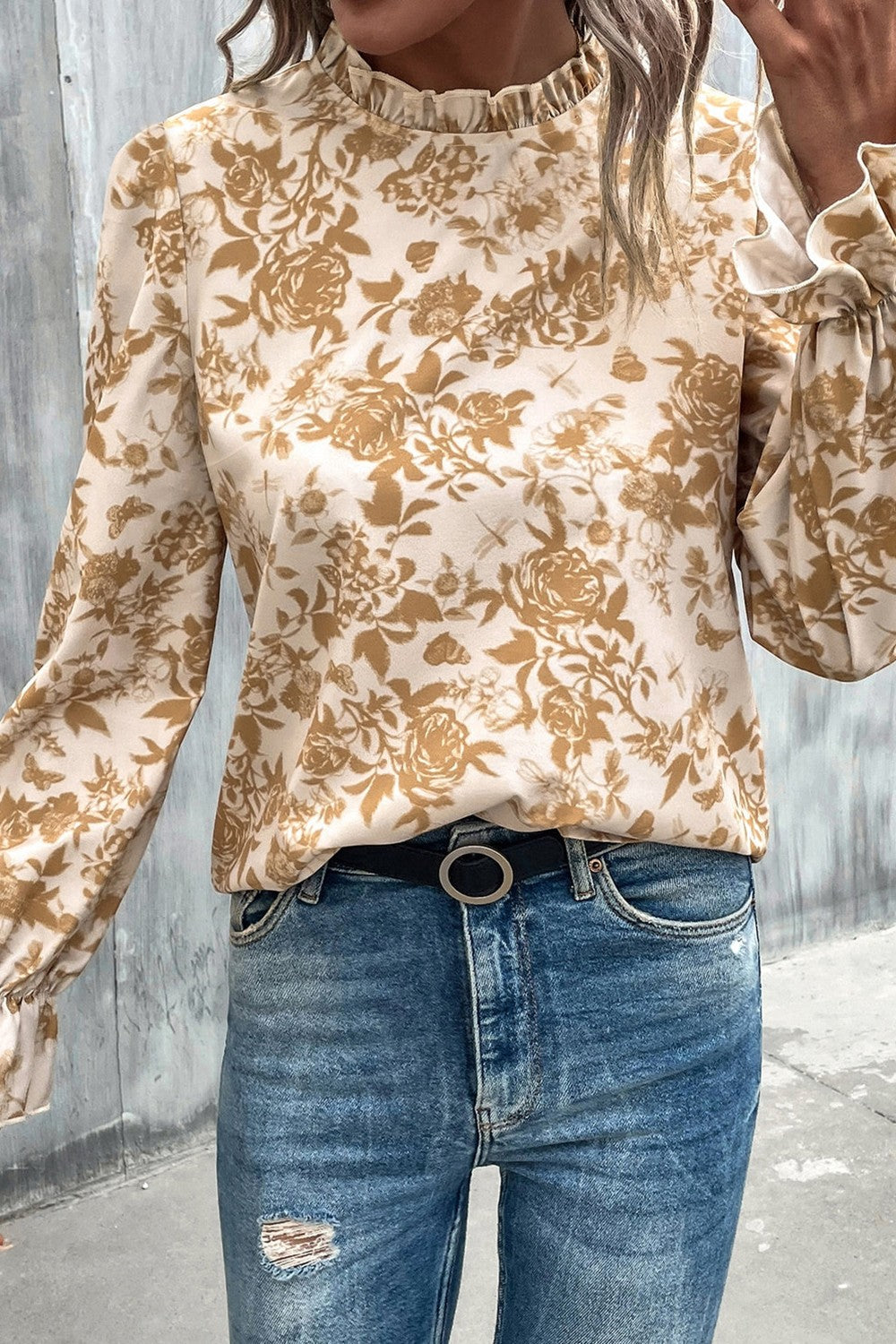 Stilla | Floral Tryk Mock Neck Ruffle Ærme Bluse