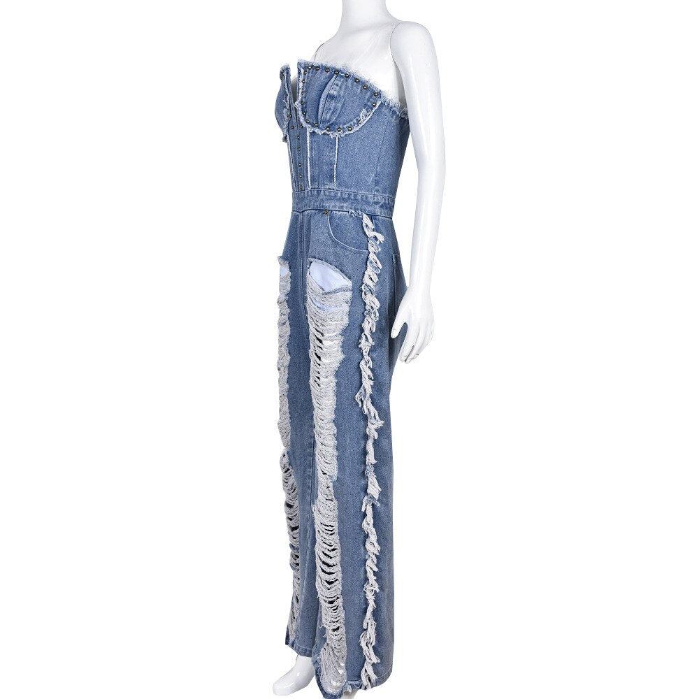 Stilla | Fuldfoldede Ben Kvaster Denim Jumpsuits Online Hot Salg