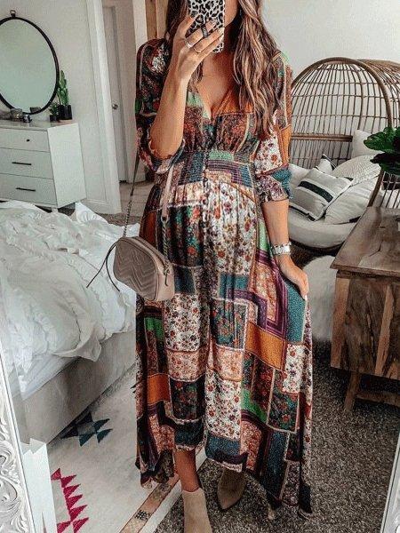 Stilla | Bohemian Print V-hals Lang Ærmet Kjole