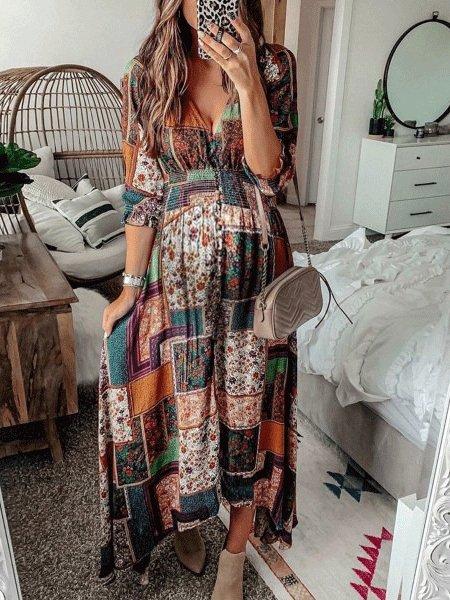 Stilla | Bohemian Print V-hals Lang Ærmet Kjole