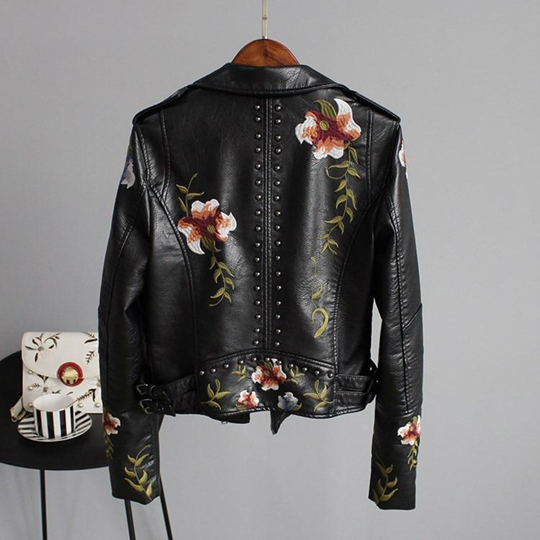 Stilla | Modekik Bikerjakke Med Blomsterbroderi