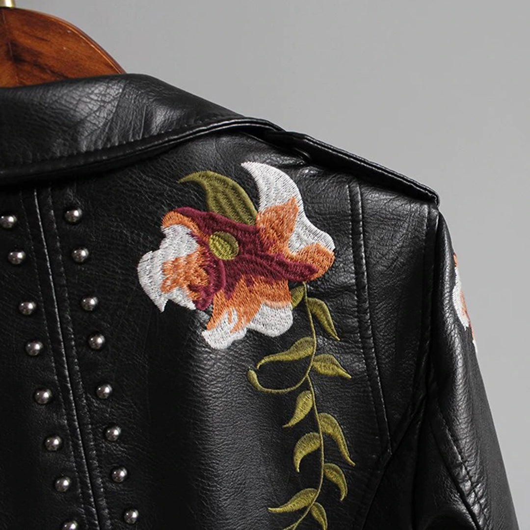 Stilla | Modekik Bikerjakke Med Blomsterbroderi
