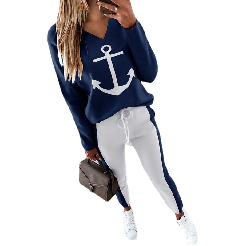 Stilla | Langærmet V-Hals Anker Grafisk T-Shirt
