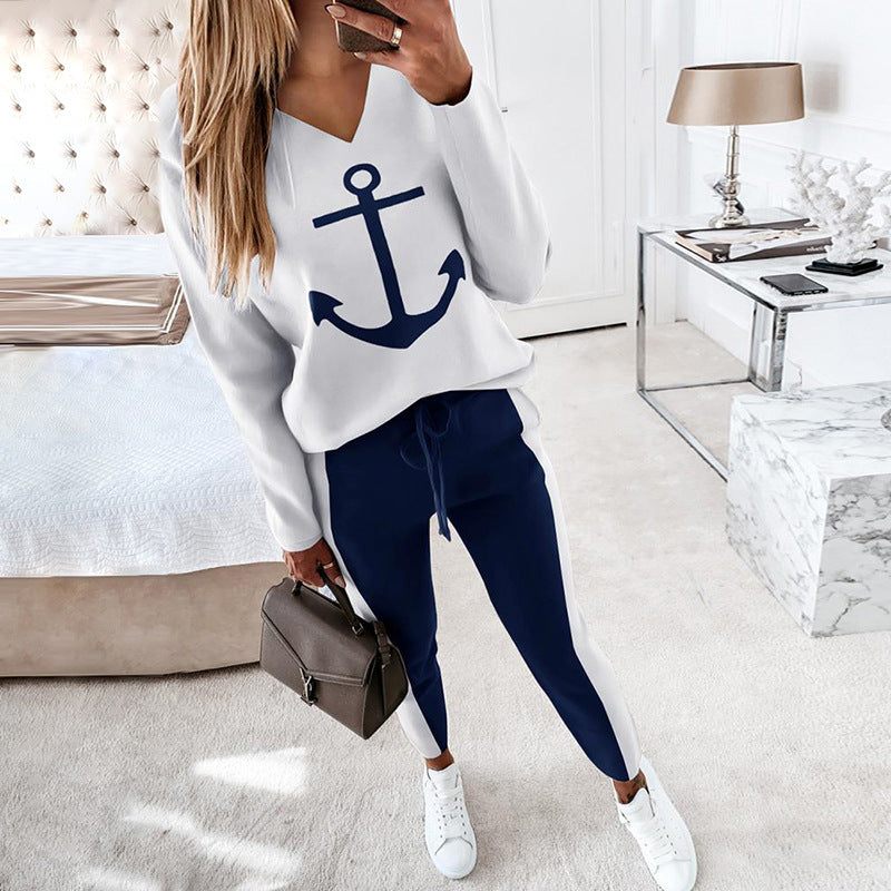 Stilla | Langærmet V-Hals Anker Grafisk T-Shirt