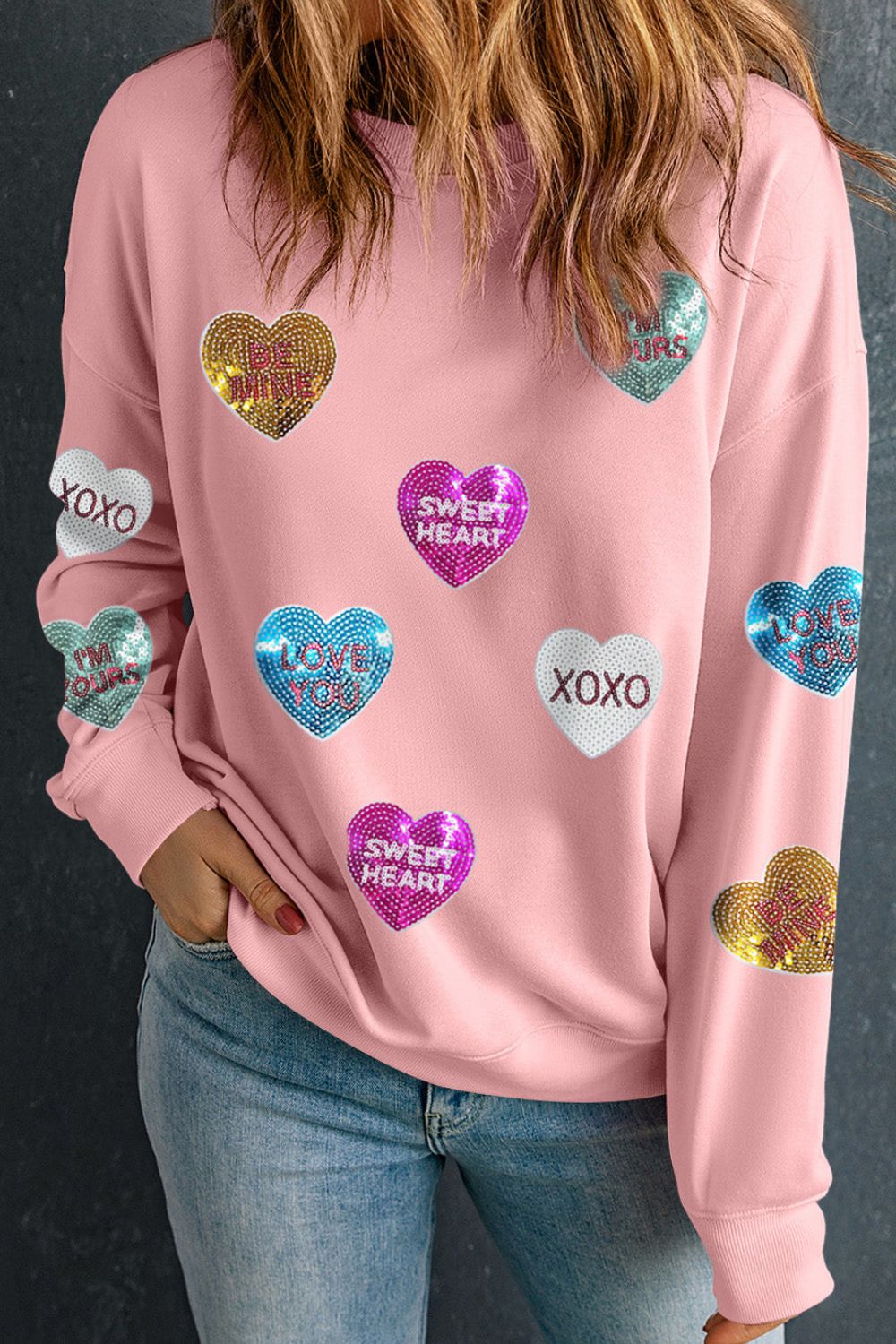 Stilla | Valentinsdag Pailletter Hjerte Rundhals Langærmet Sweatshirt Mode