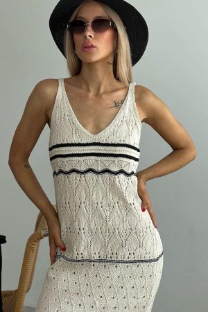 Stilla | Stribet Strikket Midi Kjole