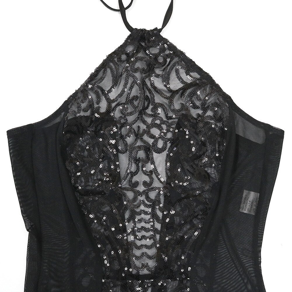 Stilla | Sort Mesh Paillettenkjole Halter Rygfri Jumpsuit Udsalg