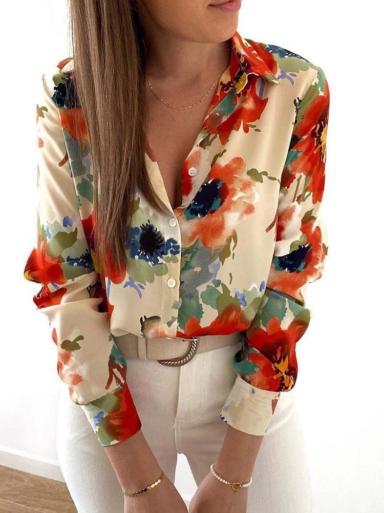 Stilla | Blomster Nedslået Krave Langærmet Mode Plus Size Bluse