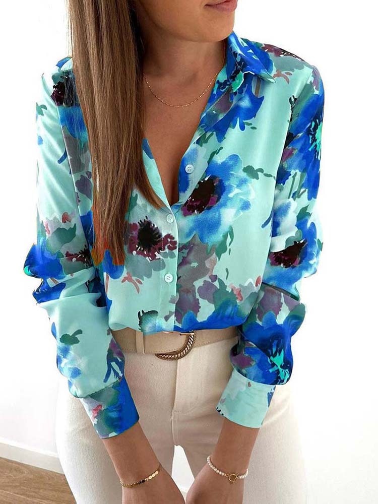 Stilla | Blomster Nedslået Krave Langærmet Mode Plus Size Bluse