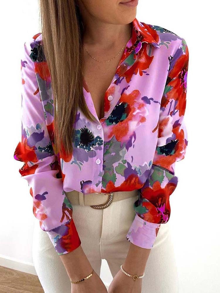 Stilla | Blomster Nedslået Krave Langærmet Mode Plus Size Bluse