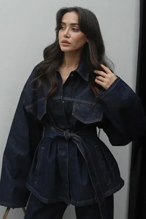Stilla | Denim Sæt Elegant Taljeret Jeansjakke Med Bælte & Bred High Waist Bukser
