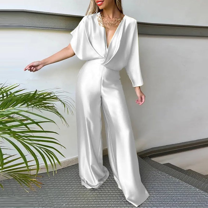 Stilla | Dyb V-Kortærmet Bred Ben Jumpsuit