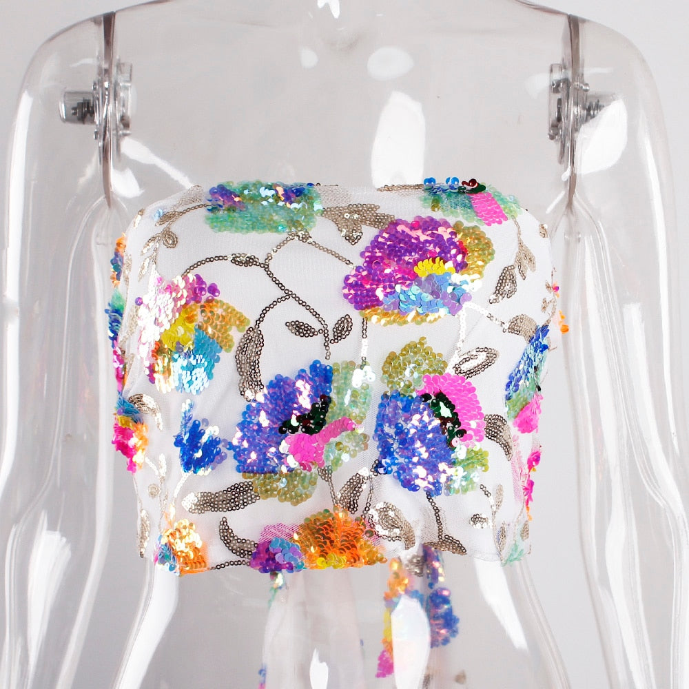 Stilla | Floral Pailletbroderi Pink Sommer Crop Top Mode