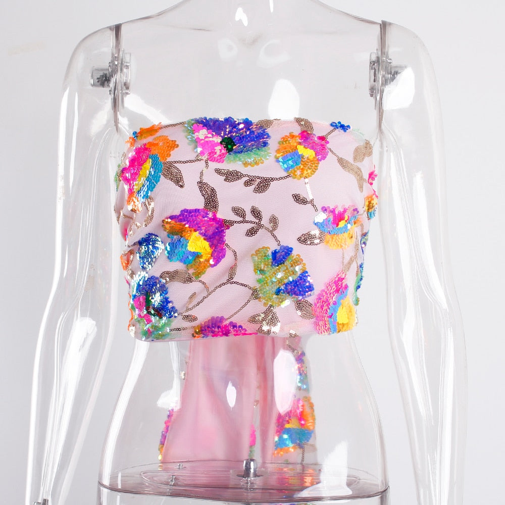 Stilla | Floral Pailletbroderi Pink Sommer Crop Top Mode
