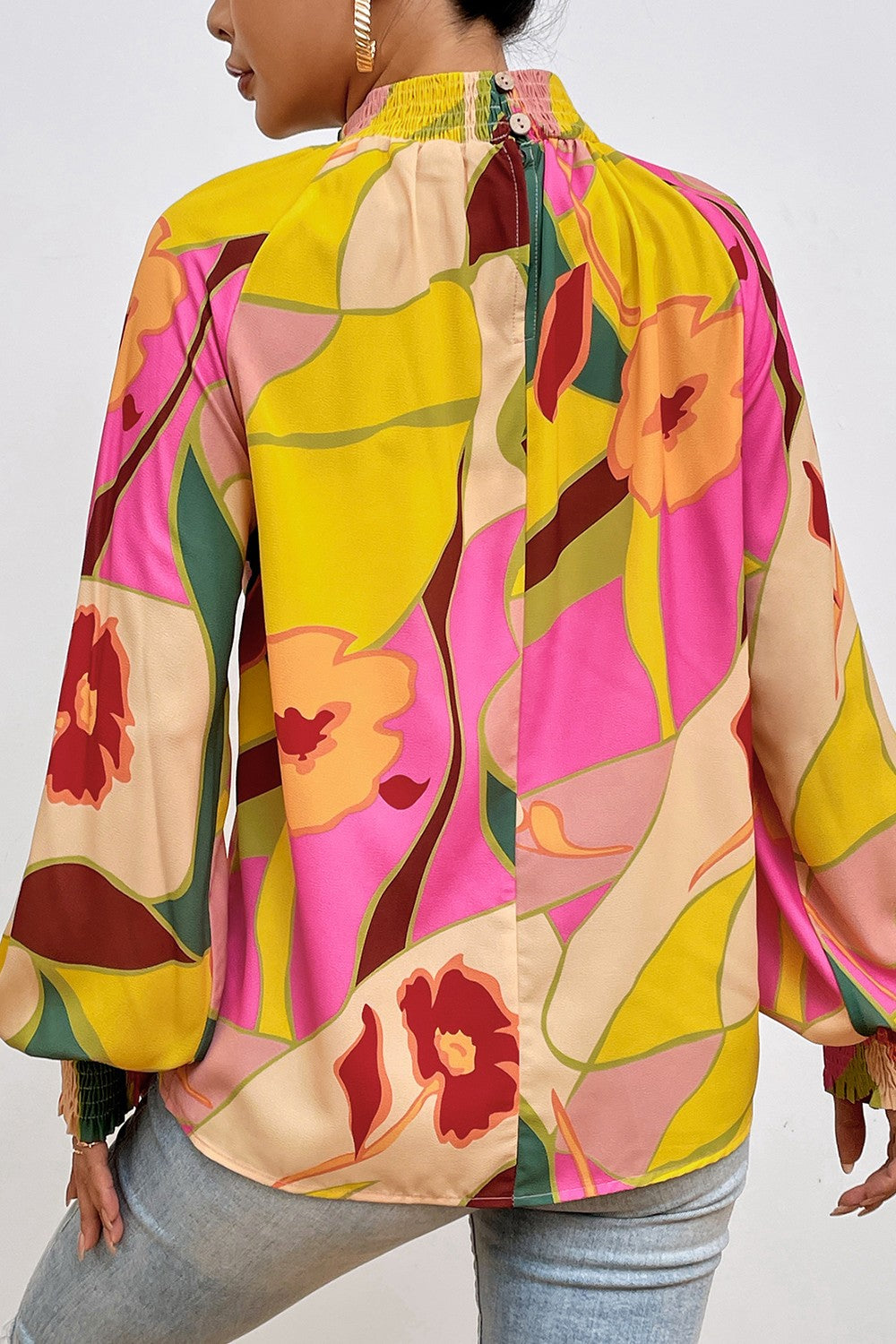 Stilla | Smocked Lantern Sleeve Mock Neck Bluse Online salg