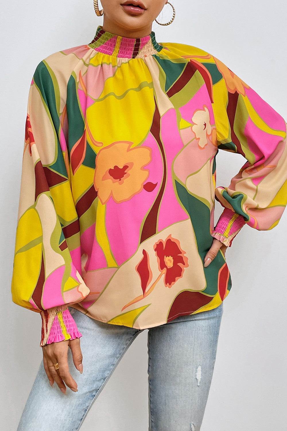 Stilla | Smocked Lantern Sleeve Mock Neck Bluse Online salg