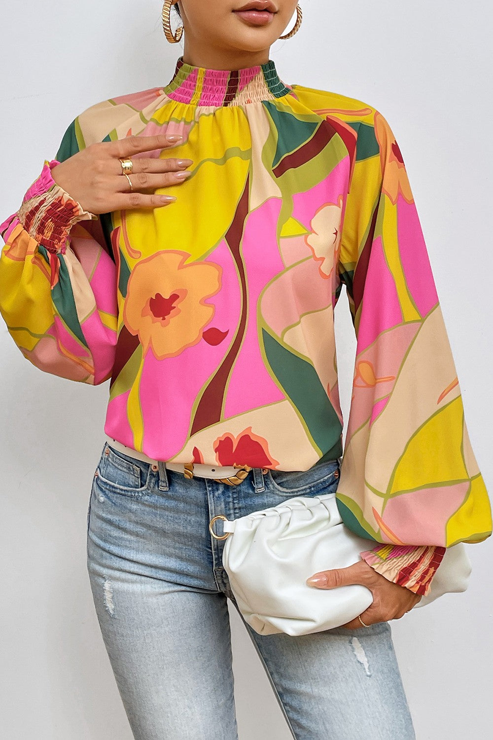 Stilla | Smocked Lantern Sleeve Mock Neck Bluse Online salg