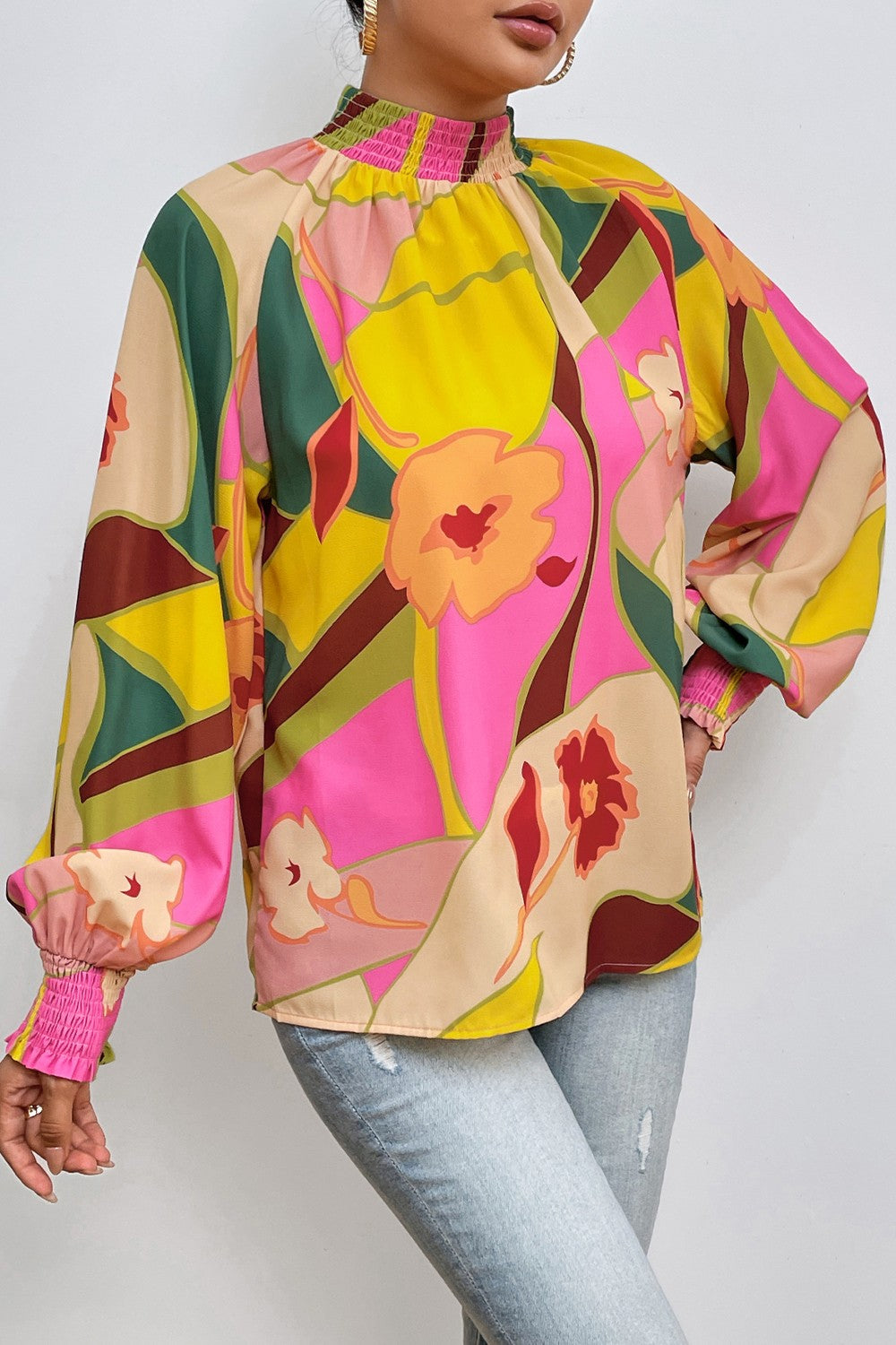 Stilla | Smocked Lantern Sleeve Mock Neck Bluse Online salg