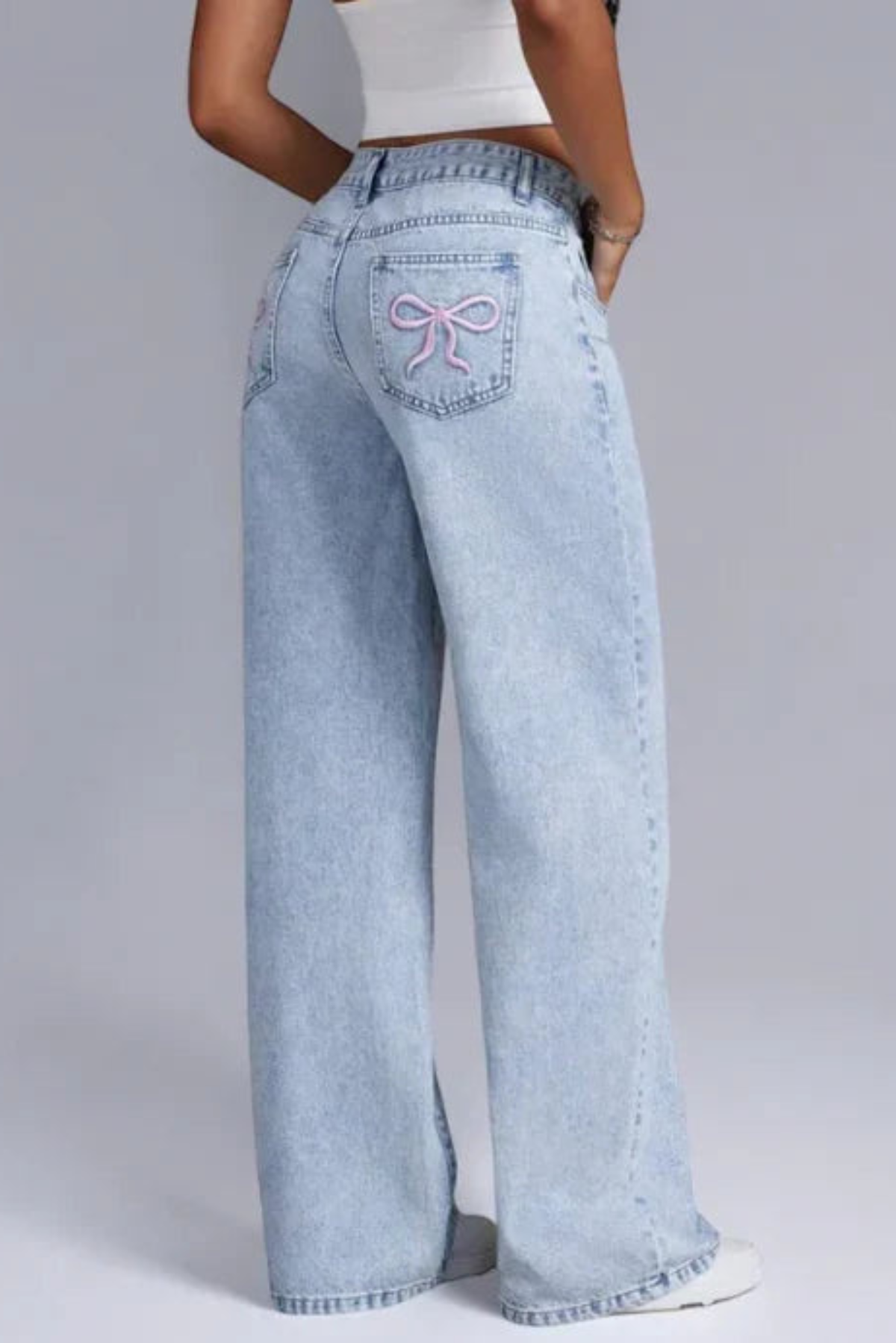 Stilla | Dame Denim Jeans Med Vide Ben Og Lyserøde Sløjfedetaljer Online nu