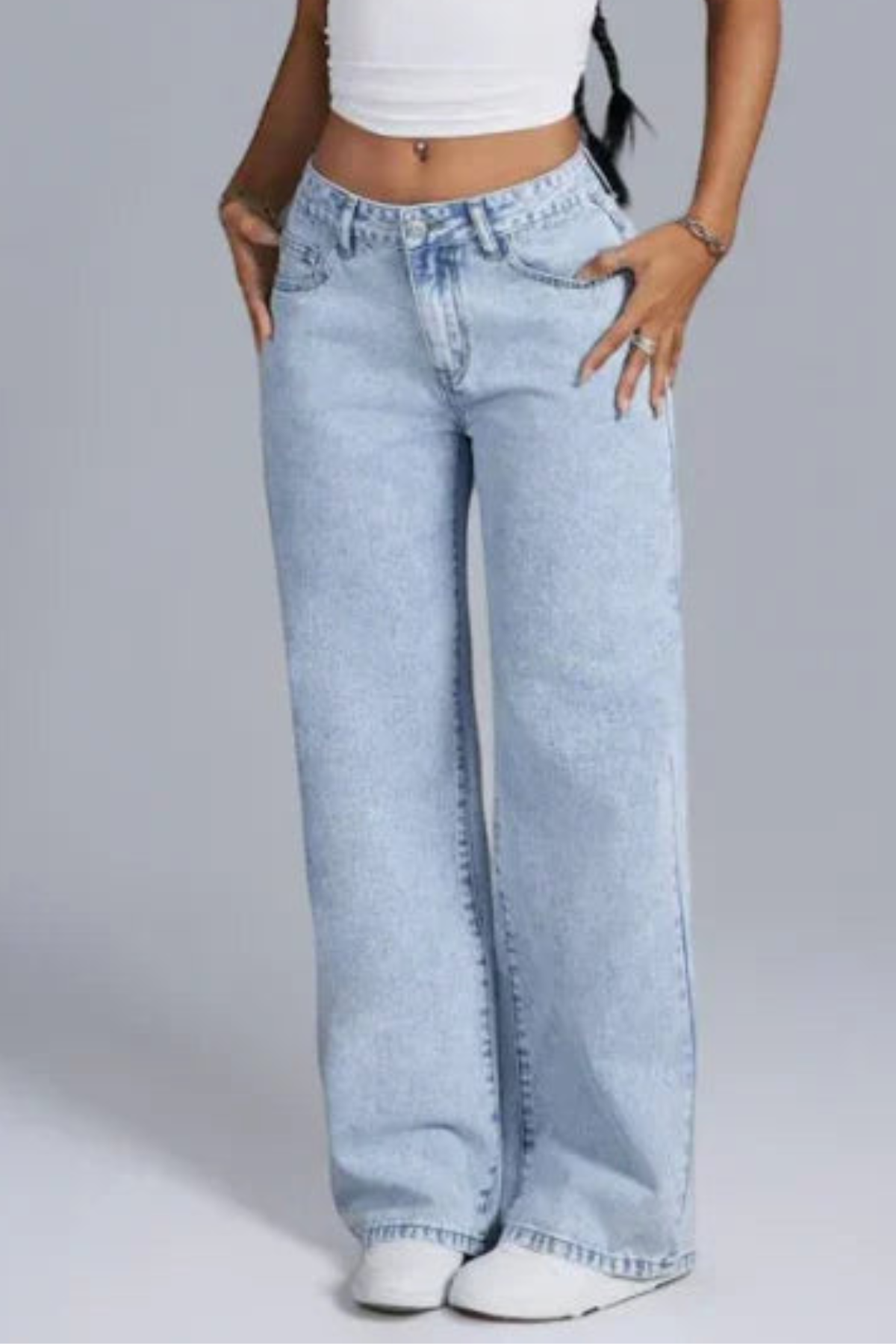 Stilla | Dame Denim Jeans Med Vide Ben Og Lyserøde Sløjfedetaljer Online nu
