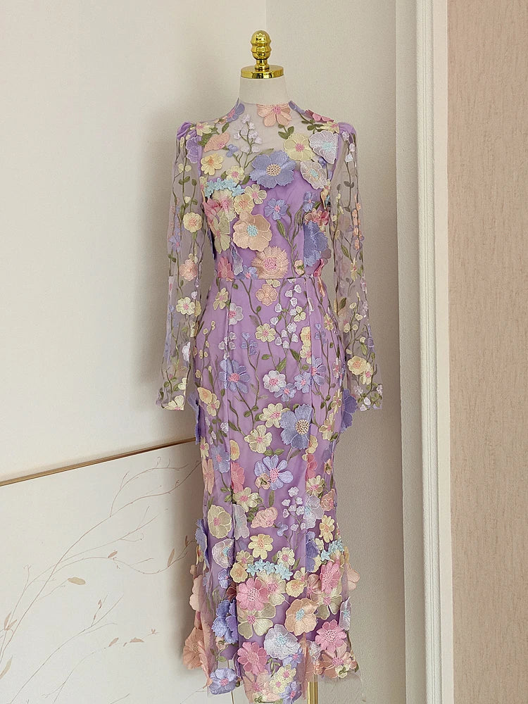 Stilla | Runway Forår/sommer Ny Mesh 3d Blomsterbroderi Perspektiv Aften Prom Kjole Kvinder Ferie Robe Vestido Fest