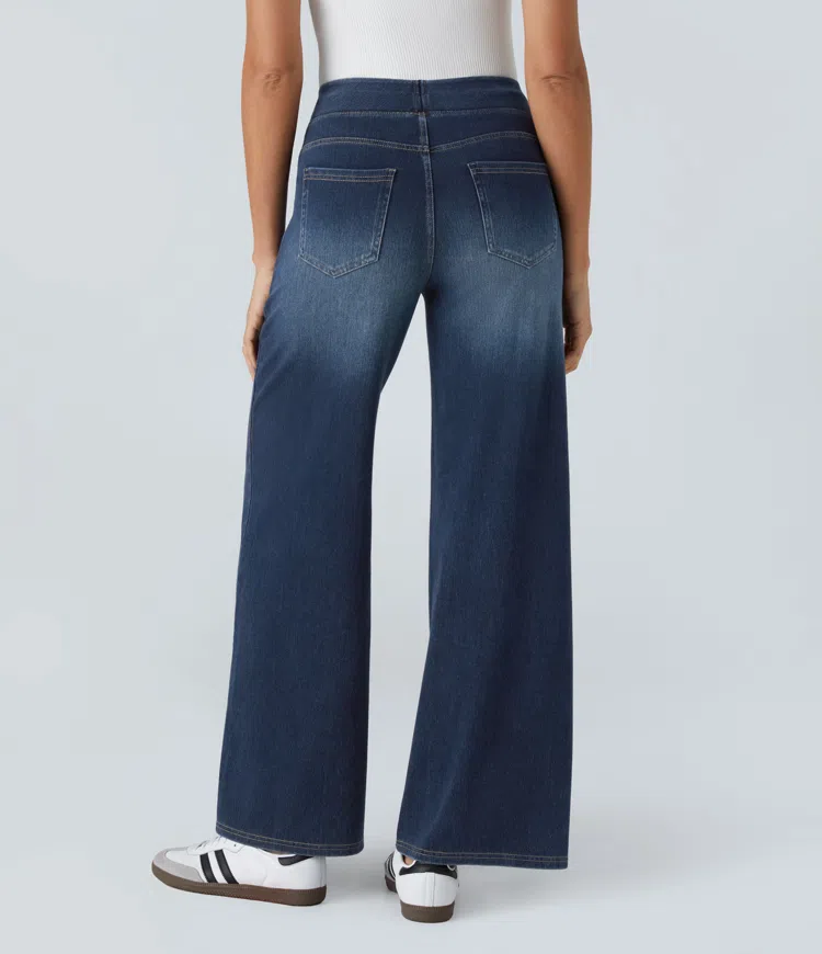 Stilla | Høj Talje Stretch Jeans Med Bred Ben Til Damer