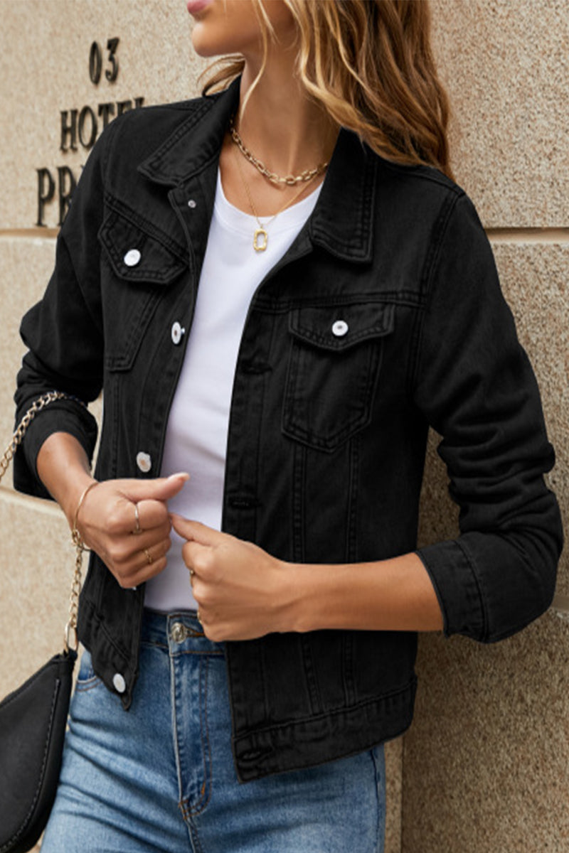 Stilla | Street Elegant Solid Lomme Turndown Krave Langærmet Regular Denimjakke