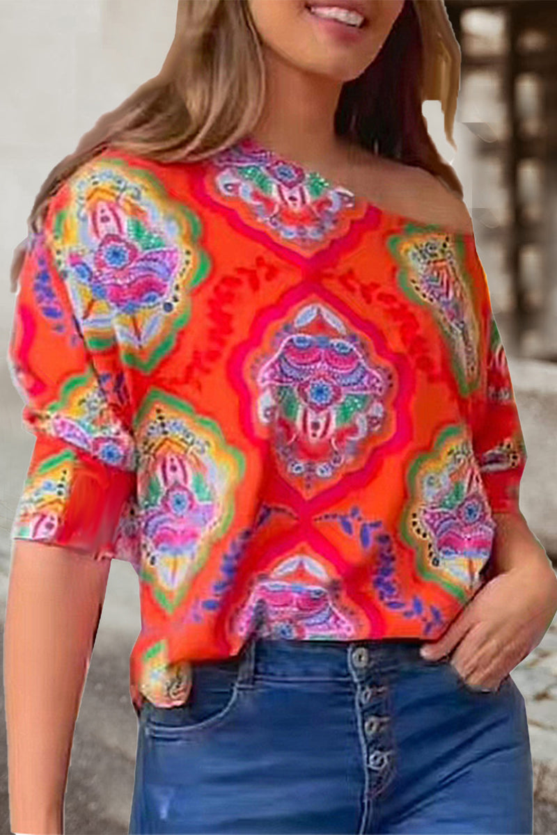 Stilla | Arbejde Elegant Print Patchwork Skrå Krave T-shirts