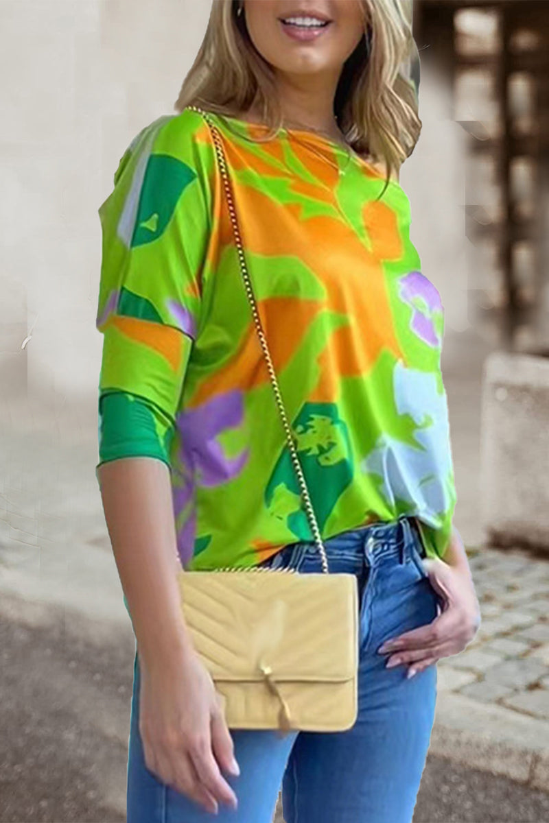 Stilla | Arbejde Elegant Print Patchwork Skrå Krave T-shirts