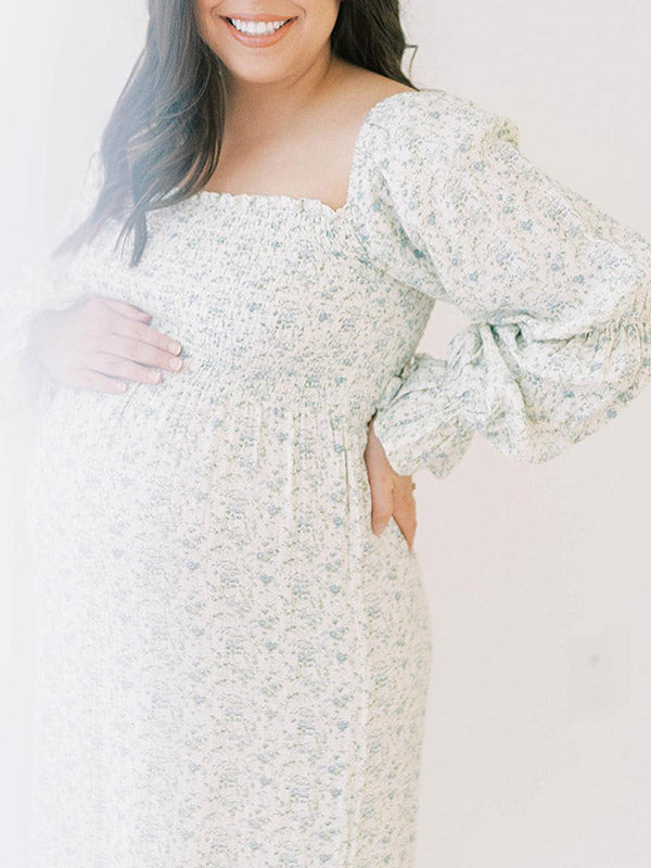Stilla | Gravidkjoler Boheme Blomstret Print Flæser Bådformet Udhulning Elegante Langærmet Maxi Gravidkjole