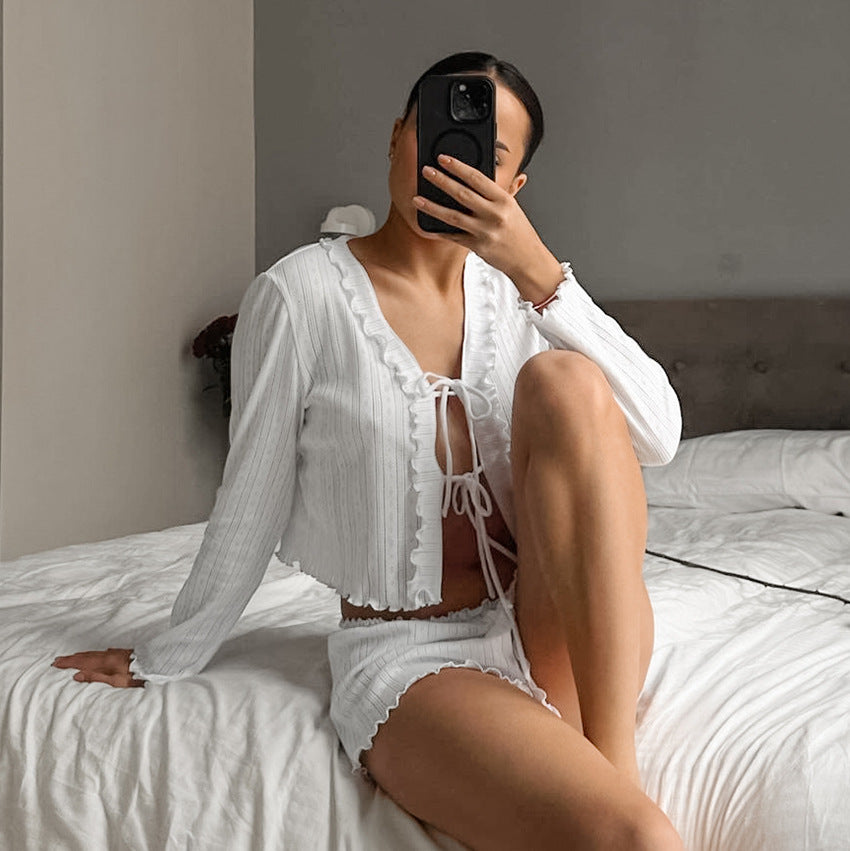 Stilla | Forår Hvid Strikket Udhulning Udsnit Jacquard Pyjamas to Delt Sæt Langærmede Shorts Kvinder Hjemmetøj